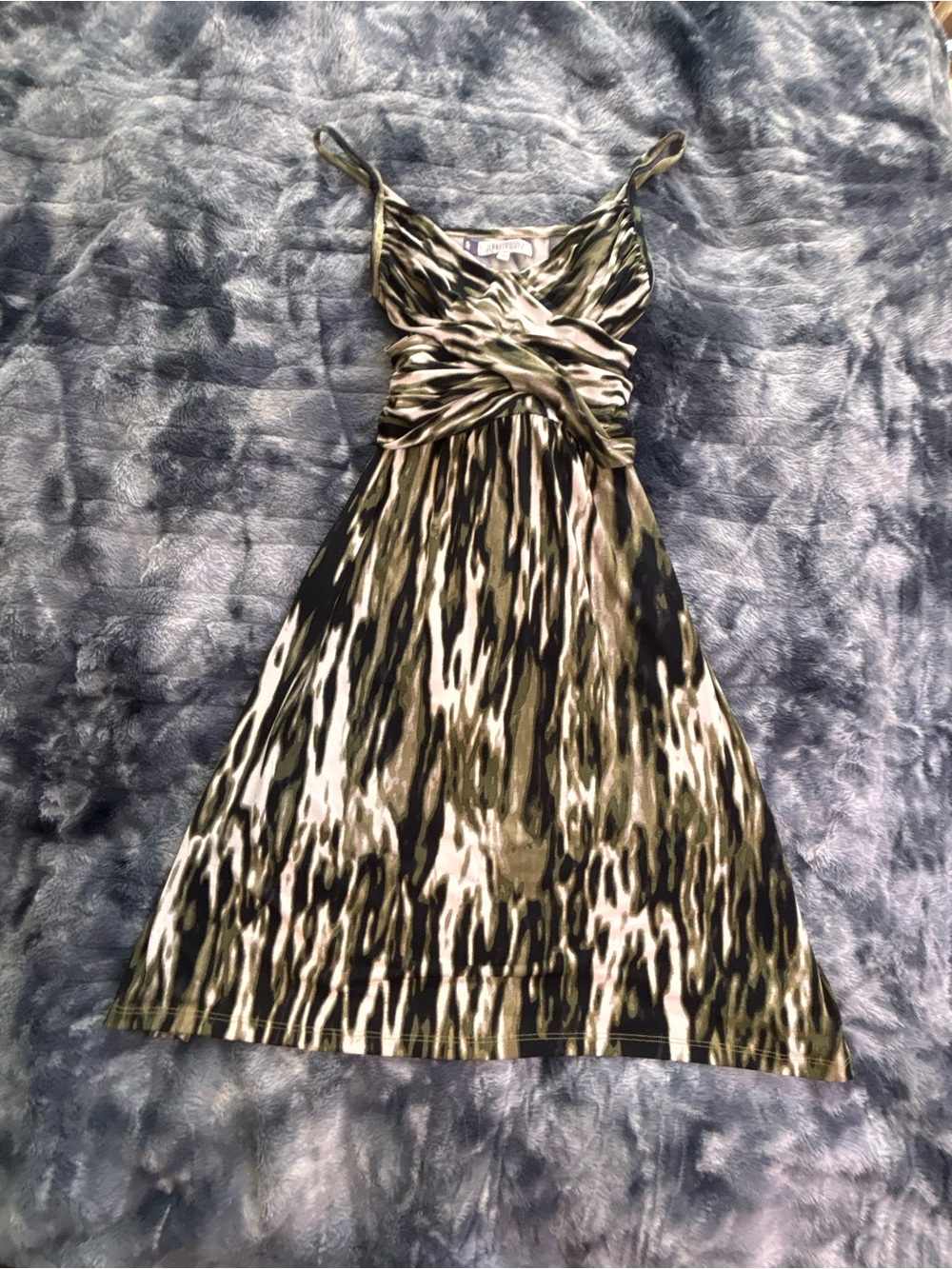 Jennifer Lopez Olive, Black & Cream Twist-Front Midi Dress